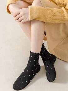 6pairs Ruffle Edge Polka Dot Cute Student White Sport Cuff Socks, Autumn/Winter
