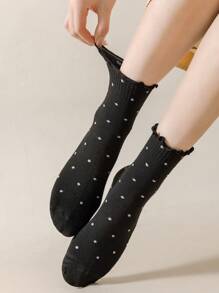 6pairs Ruffle Edge Polka Dot Cute Student White Sport Cuff Socks, Autumn/Winter