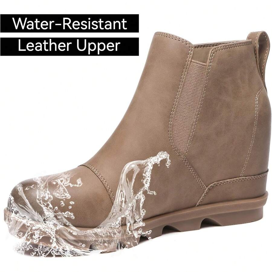 Athlefit Women's Leather Wedge Ankle Boots Stylish Comfort Slip-On Waterproof Leather Platform Booties - Màu Khaki - Xem 1
