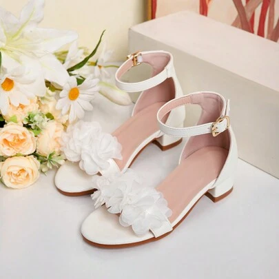 1 双夏季时尚罗马高跟珍珠花朵装饰凉鞋，女孩高跟舞鞋，学生表演和日常穿着凉鞋，白色婚鞋