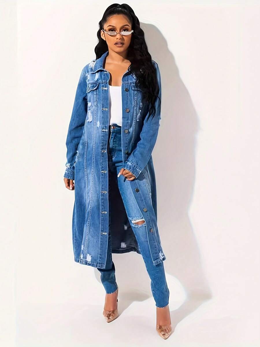 Denim Trench Coat Women Spring And Autumn New European And American Fashion Selling Retro Medium Long Coat Blouse - 藍色 - 查看 1