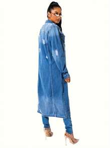 Denim Trench Coat Women Spring And Autumn New European And American Fashion Selling Retro Medium Long Coat Blouse - 藍色 - 查看 2