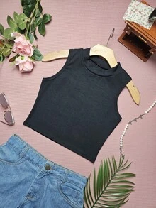 Women's Blouse Cropped Top Simple Basic Tank Top New Great Knit - 黑色 - 查看 1