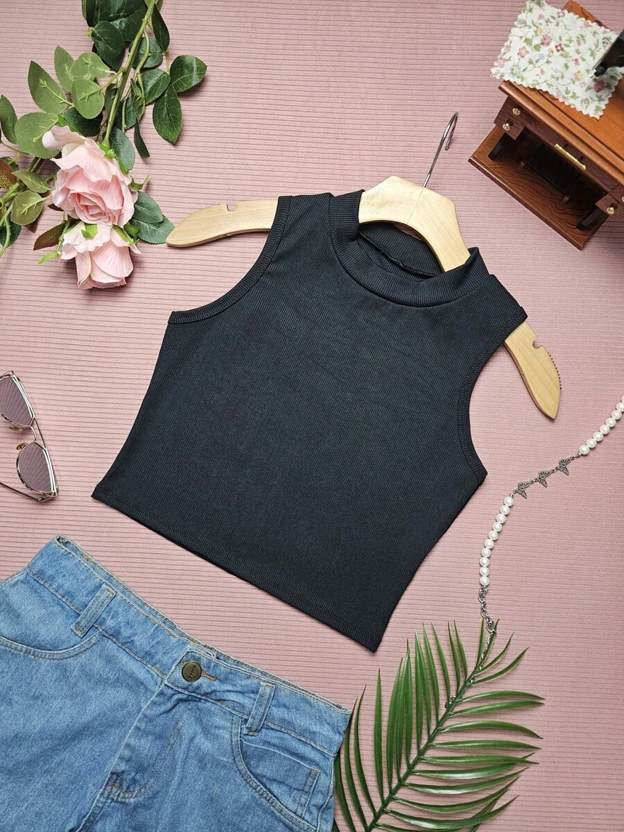 Women's Blouse Cropped Top Simple Basic Tank Top New Great Knit - 黑色 - 查看 1