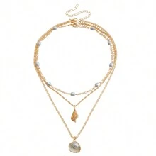 1 件多层珍珠贝壳吊坠项链，波西米亚金色扁平蛇链项链，百搭海滩风格，适合女性