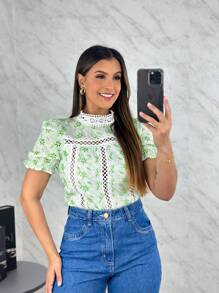 Women's Embroidered High Neck Guipure Lace Cropped Blouse - 綠色 - 查看 2