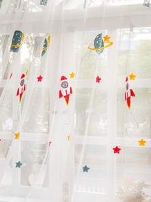 1pc Blue Cartoon Rocket Spaceship Blackout Curtains For Kids Boys Room Nursery Planet Satellite Embroidered Bay Window Tulle Drapes