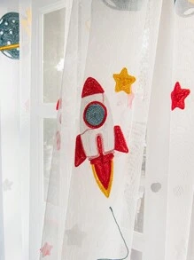 1pc Blue Cartoon Rocket Spaceship Blackout Curtains For Kids Boys Room Nursery Planet Satellite Embroidered Bay Window Tulle Drapes