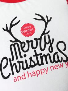 Young Boy 2pcs Christmas Outfit : Long Sleeve Deer Print Top And Plaid Christmas Tree Snowflake Print Pants, Autumn/Winter