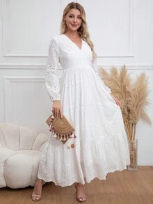 Eilly Bazar 女式法式 V 领收腰长袖镂空刺绣蕾丝长裙 - 白色 - 查看 6