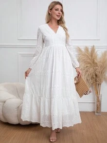 Eilly Bazar 女式法式 V 领收腰长袖镂空刺绣蕾丝长裙 - 白色 - 查看 5