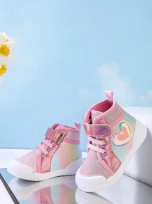 GENGASUN 1 pieza Zapatos de fiesta casuales de corte alto con diseño lindo de amor de dibujos animados de color degradado para niñas pequeñas de otoño