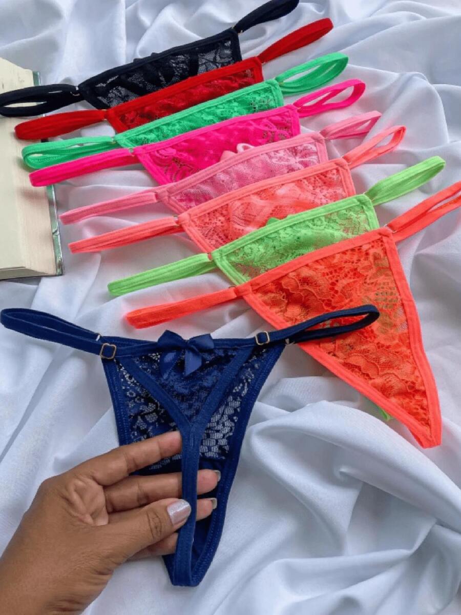 Kit Of 5 Women's Sexy Thong Panties With Lace Bow Detail - 彩色 - 查看 1