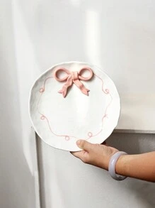 1 pieza Plato de servir de cerámica con relieve de lazo de alta calidad, plato para desayuno, pasta, ensalada para realzar la sensación hogareña