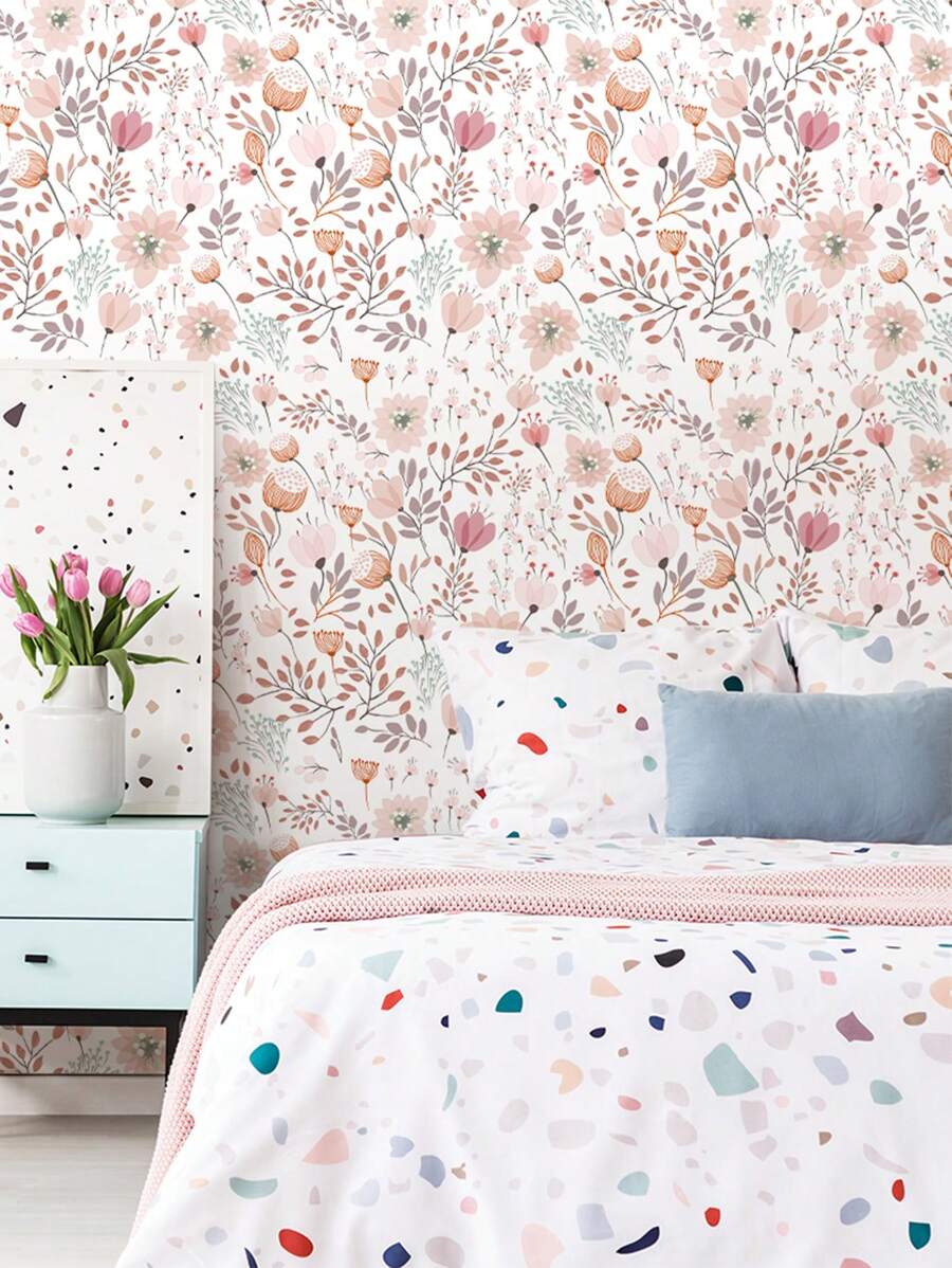 ihomeli 清新绿粉花卉壁纸，防水易撕，可移除壁画，家居装饰，墙面艺术，17.7 英寸 x 6.5/9.8 英尺，即撕即贴墙板，壁纸，春季装饰贴纸，焕新家居，节日装饰，生日和毕业礼物