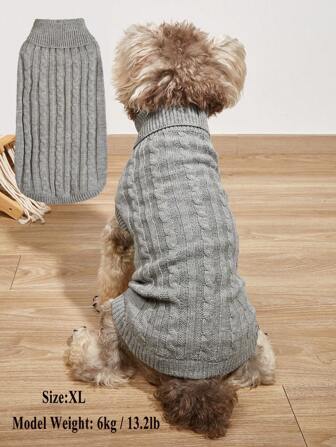 1pc Solid Color Minimalist Cable Knit Vintage Twist High Neck Pet Sweater For Large Dogs, Golden Retriever, Poodle