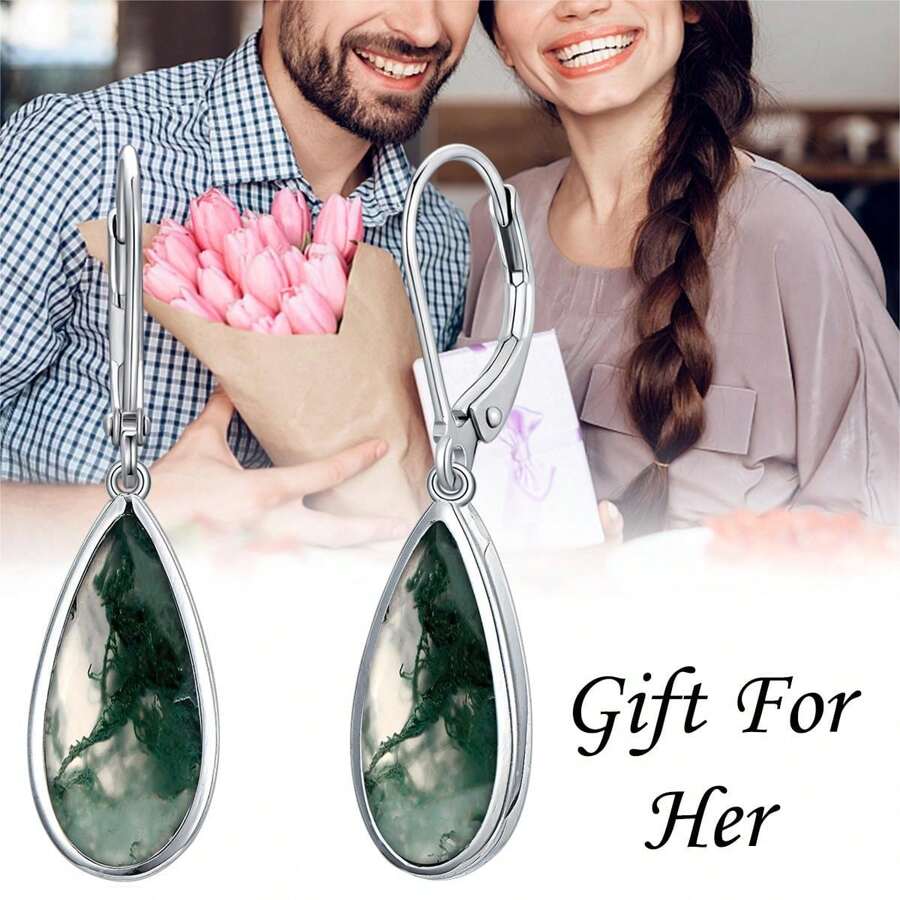 TOUPOP Hoa tai hình giọt nước đá mã não rêu cho nữ Bông tai thả dài bằng bạc Sterling S925 Quà tặng cho phụ nữ (Mã não rêu) - Mã não thủy sinh - Xem 1