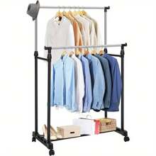 Double Rail Clothes Rail, Portable Clothes Rack On Wheels, Extendable Hanging Rails For Clothes,Display Rack For Bedroom Laundry Rooms - Black - View 2
