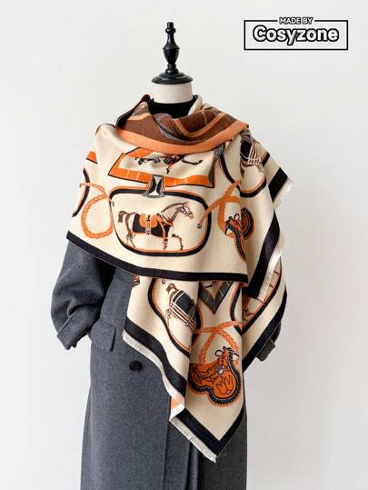 1 件优质马图案提花仿羊绒保暖围巾，适合女士，时尚百搭，适合秋冬服装和装饰