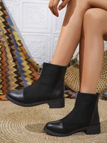 大码女式粗跟靴，保暖内衬，前拉链，粗跟，优雅切尔西靴，适合秋冬 - 黑色 - 查看 4