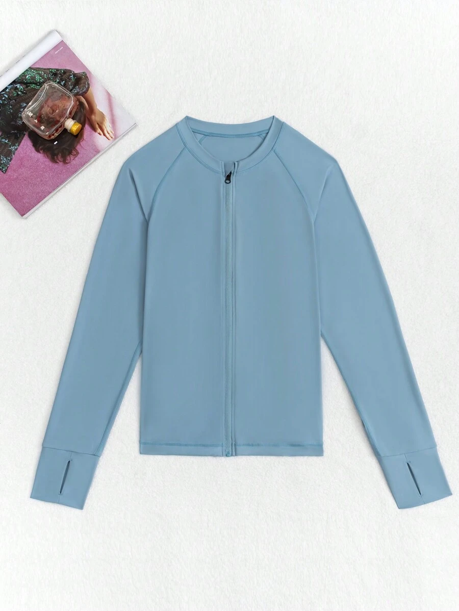 SUPSHUSY 女士纯色拇指孔长袖拉链夹克 - 吸湿排汗、透气、修身运动上衣，弹性十足，适合健身、瑜伽、锻炼、圆领、修身开衫