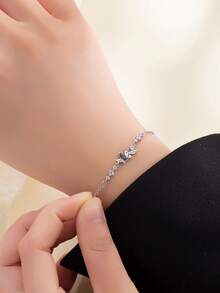 1 件小众设计简约水钻蝴蝶可调节手链 - 銀色 - 查看 3
