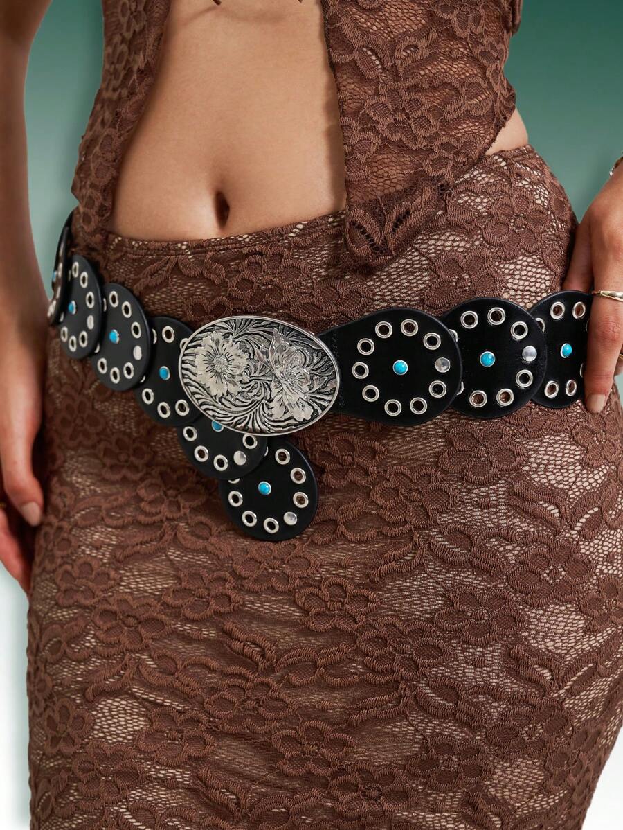 Hershine 1pc Bohemian Western Cowgirl Floral & Turquoise Oval Pattern Buckle Belt For Dress, Suitable For Daily, Party, Holiday Halloween - 黑色 - 查看 1