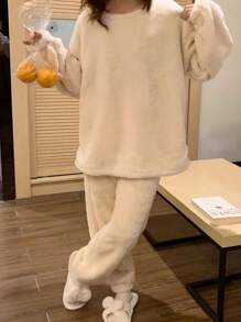两件套简约法兰绒睡衣套装 - 柔软舒适的纯色圆领长袖上衣和松紧腰长裤，保暖舒适的女士家居服，秋冬季两件套 - 杏色 - 查看 4