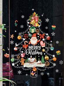 1pc Christmas Tree Window Clings Decal Stickers - Cartoon Santa Claus & Elk & Snowflake Pattern Static PVC Stickers For Seasonal & Holiday Decor, White Snowflake Static Glass Sticker For Winter Party And New Years Celebrations,Christmas