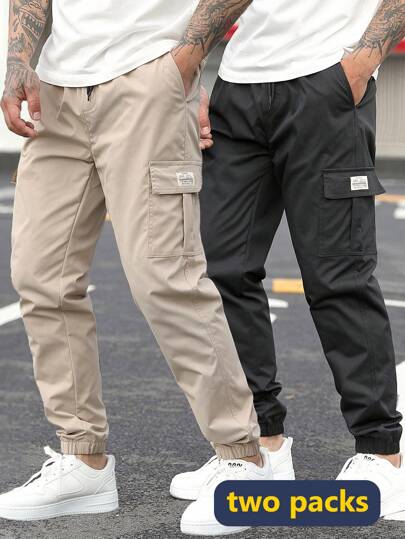 2pcs/Set Autumn New Men's Casual Elastic Waist Cargo Pants, Fall Clothes