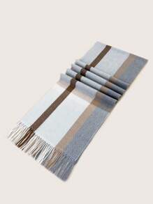 女士浅灰色厚围巾，仿羊绒格子图案，温暖流苏披肩，欧式风格冬秋 - 淺灰色 - 查看 5