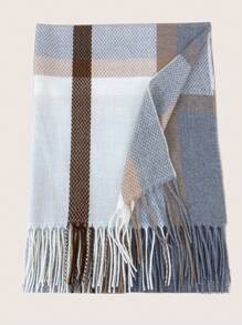 女士浅灰色厚围巾，仿羊绒格子图案，温暖流苏披肩，欧式风格冬秋 - 淺灰色 - 查看 3