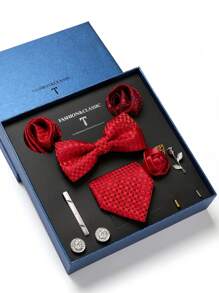 AlanKing 1 套金色花朵领带、手帕、袖扣、胸花男士正装西装适合婚礼、商务、情人节礼物男士领带