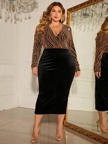 Đầm bodycon nhung chắp vá cổ chữ V thanh lịch cỡ lớn, mùa thu - màu đen - Xem 4