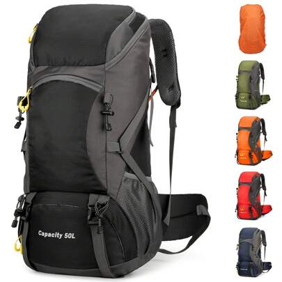 Hiking Backpack Waterproof 50L Foldable Rucksack Durable Lightweight Camping Bag With Rain Cover For Camping Trekking Hiking Walking Cycling Climbing Outdoor Sports For Women Men