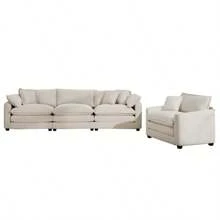 Mid-Century Modern Set Of 2 Sofas With One 3-Seater Sofa And One Single Accent Chair, Light Beige Corduroy Fabric