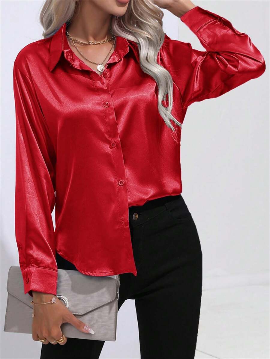 Ladies' Casual Turn-Down Collar Button Faux Silk Satin Solid Color Long Sleeve Blouse,Long Sleeve Tops - Đỏ - Xem 1