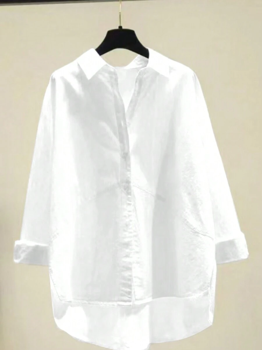 1 件女式纯色单排扣不对称下摆宽松长袖衬衫，长袖上衣