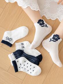 5 pares de calcetines con patrones aleatorios para niñas/niños/bebés, de bicolor, unicolor, encaje, volantes, orejas 3D, moño de dibujos animados, floral, lunares, aptos para primavera/verano, combinación diaria, casual lindo, moda sencilla, vuelta al colegio