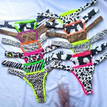 Kit 4 Sensual Thongs Panties Double Thong Sexy Thong Animal Print With Neon - 彩色 - 查看 4
