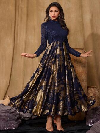 Elegant långärmad formell aftonklänning för kvinnor med stativkrage, heltäckande tryck och paljetter Festklänning Bröllopsgästklänning