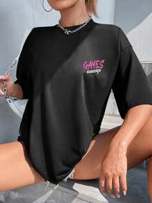 ZERO TIME GAMES HAVE FUN RELAX ENJOY YOUR GAMING MOMENTS Summer Casual T-Shirt OVERSIZED Short Sleeves Butterfly Print - 黑色 - 查看 2