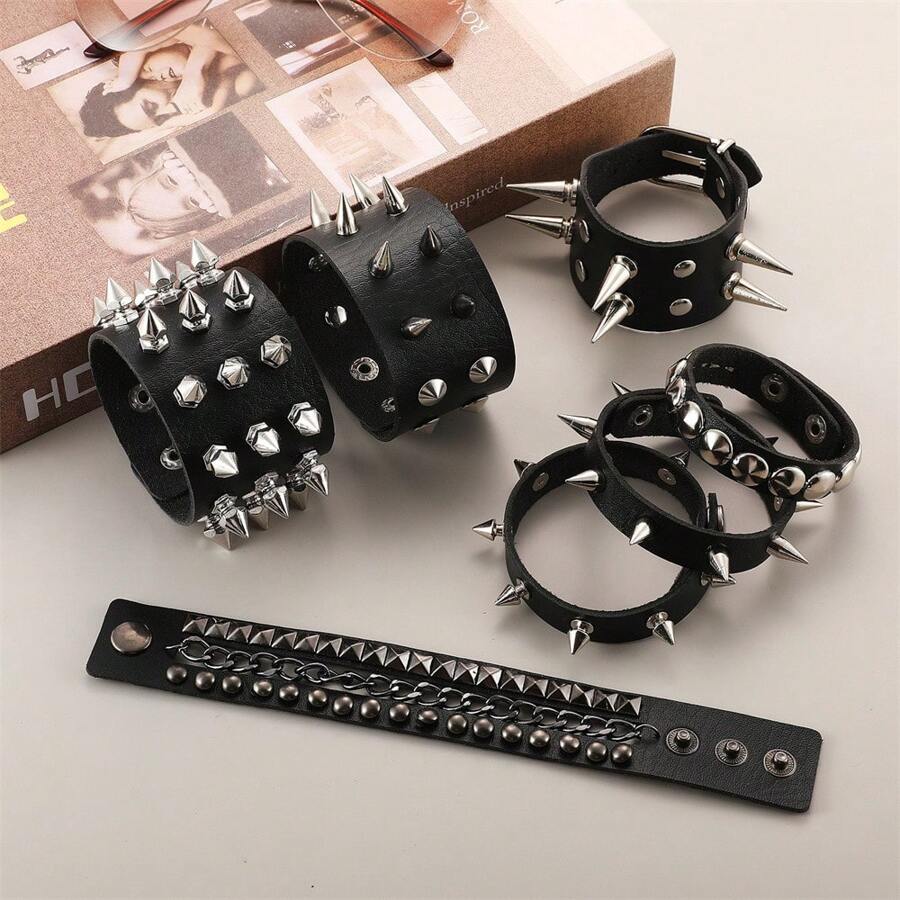 Brazalete ajustable con pinchos góticos punk de 2024, brazalete de cadenas negro con tachuelas para mujeres y hombres - Negro - Ver 1