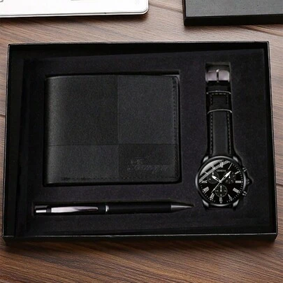 Gift Box Set: Classic Fashion Quartz Watch + Pen + Wallet + Gift Box, Suitable For Wedding Gift, Birthday Gift, Couple's Gift, Father's Day Gift, Teacher's Gift, Company Annual Meeting Gift, Business Man Gift Valentines