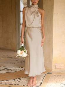 Satin High Neck Sleeveless Elegant Evening Dress, Cocktail Semi Formal Dress, For Birthday, Wedding Guest Dinner, Homecoming Party Dress