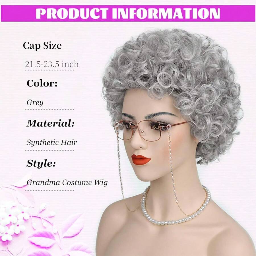 Old Lady Costume Wig For 100 Days Of School Short Grey Curly Grandma