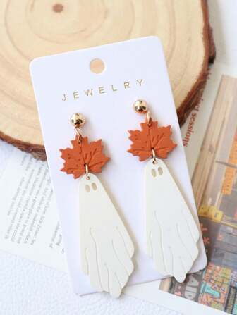 1 Pair Halloween Soft Clay Acrylic Maple Leaf & Ghost Design Earrings, Spray Paint Finish, Simple Cute Personalized Earrings, Festival Gift, Party Earrings