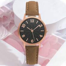 1pc Women's Elegant Minimalist Floral Pattern Face Leather Quartz Wrist Watch, Casual Wear