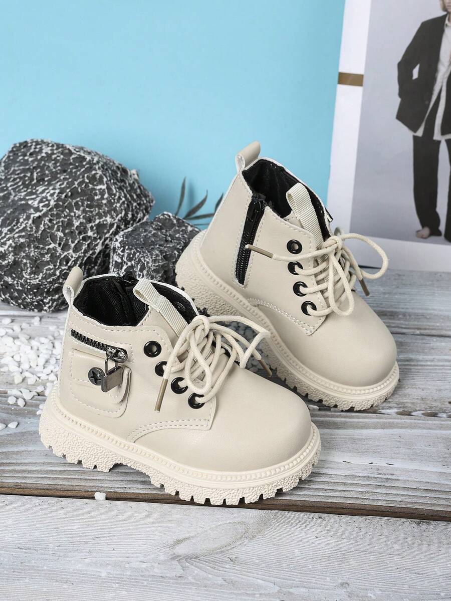 1 Đôi Giày Bốt Trẻ Em, Giày Bốt Cổ Cao Thời Trang Phong Cách Anh Unisex Thu/Đông Mới Cho Trẻ Em - Màu be - Xem 1