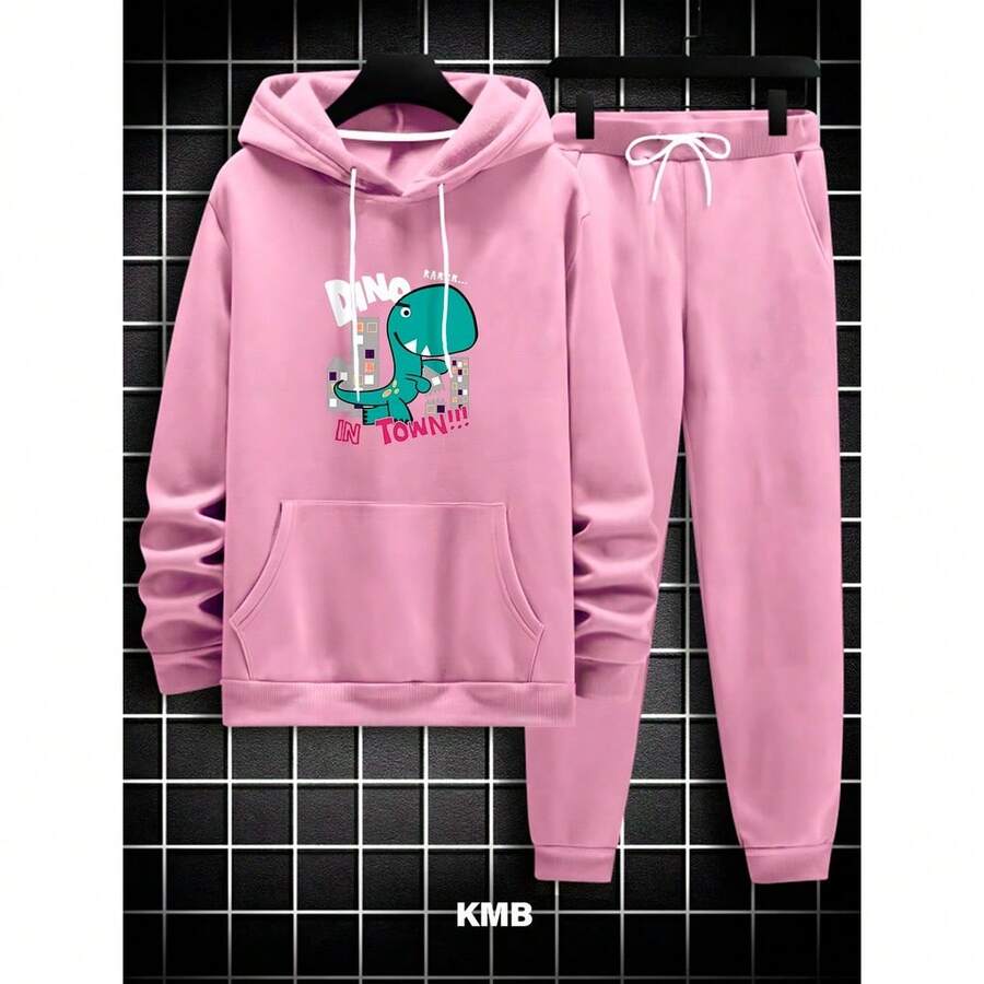 Dino2 Adult Sweatshirt Set Kangaroo Cold Weather Top And Pants With Pocket Hood Top - 玫瑰紅 - 查看 1